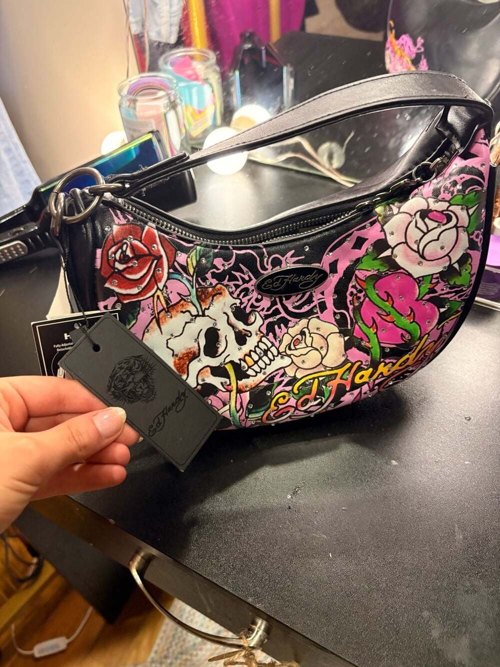 Ed Hardy Skull and Rose Tattoo Print Hobo Shoulder Bag in Pink Multi